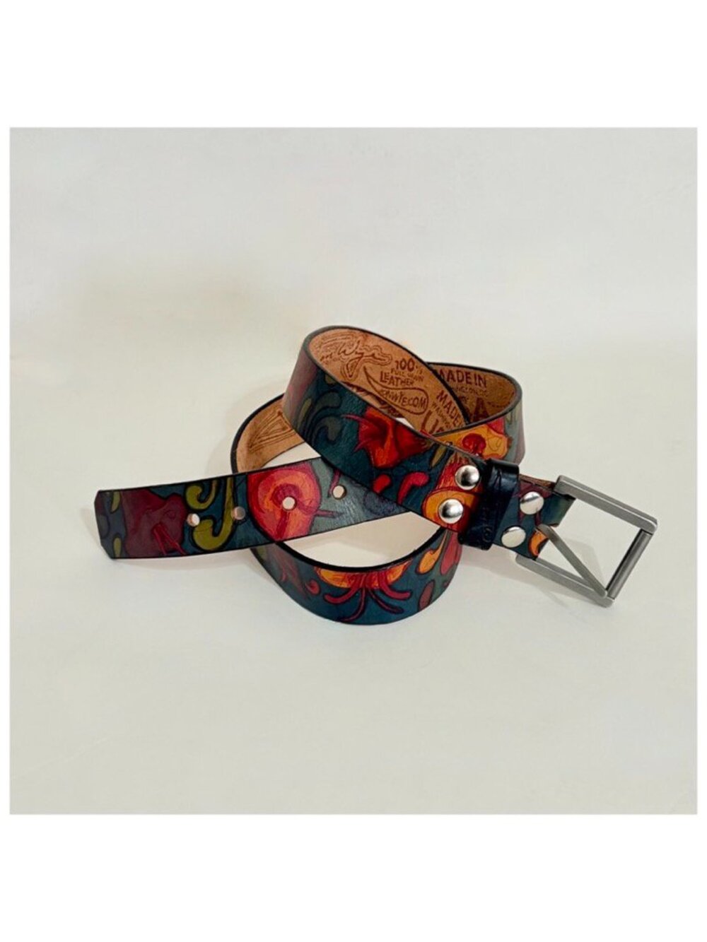 Unisex JON WYE Leather Floral Belt Western Retro Made in USA Men Women 46.5"